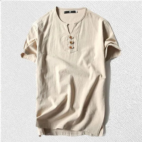 Men's loose cotton and linen T-shirt in apricot colour showing short sleeves and pullover style