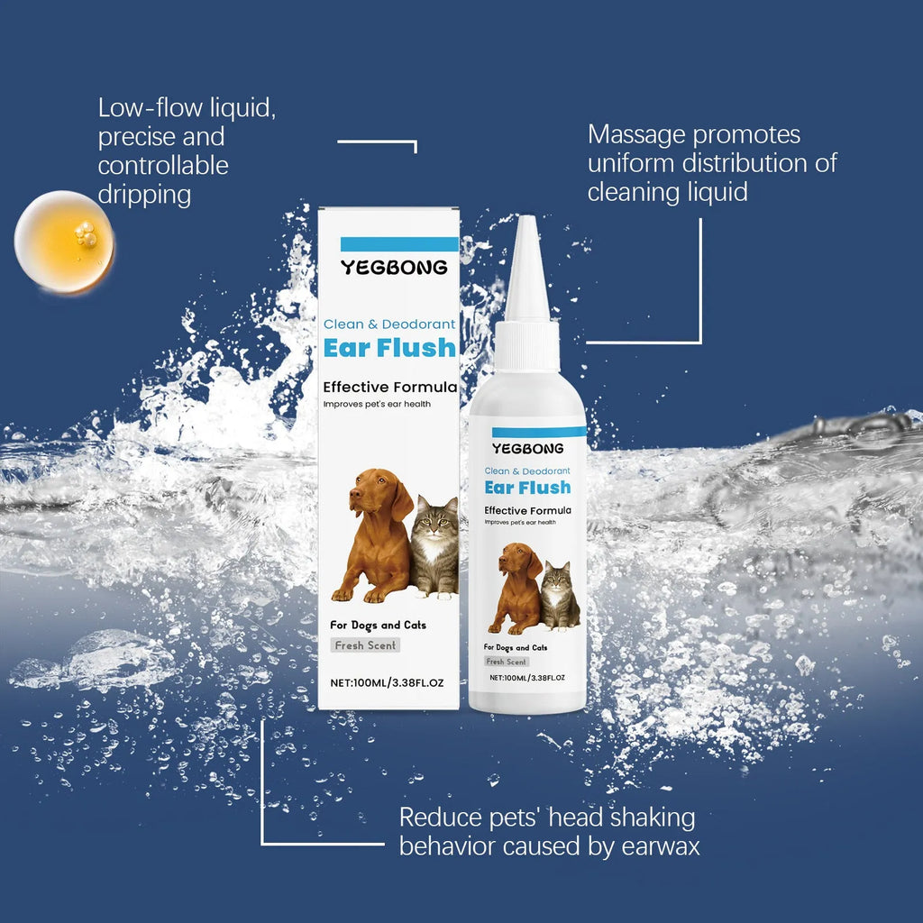 100ml bottle of gentle ear cleaner solution for dogs and cats on a white background.