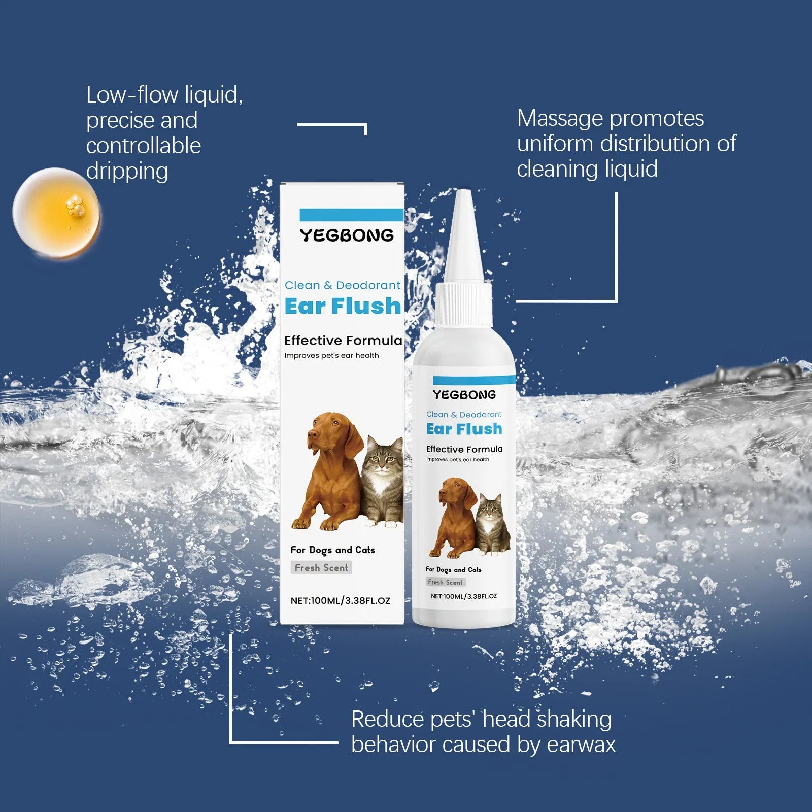 100ml bottle of gentle ear cleaner solution for dogs and cats on a white background.