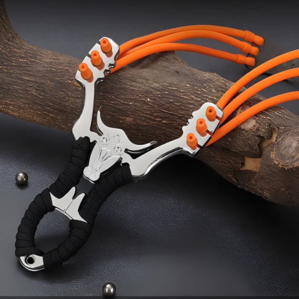 Zinc alloy outdoor slingshot with Dawei power card design on the ball bow grip.