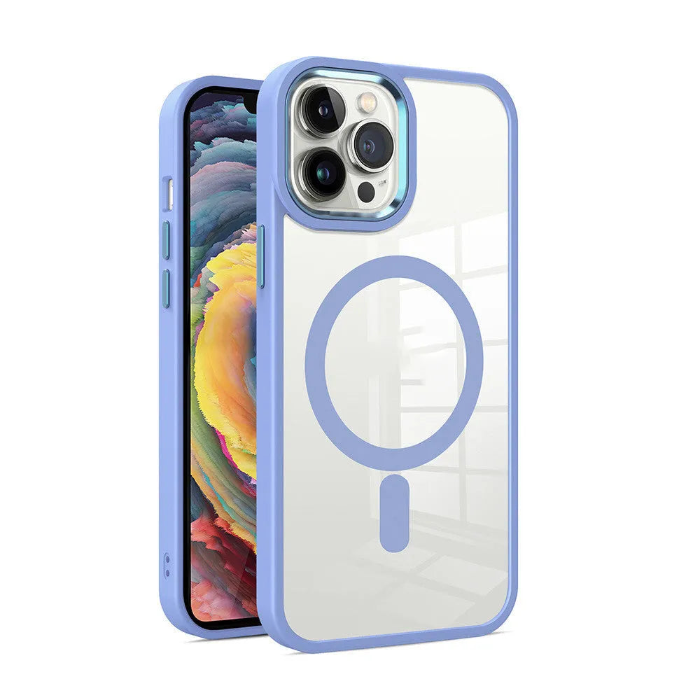 Clear magnetic phone case with coloured silicone bumper on an iPhone, showing MagSafe charger attachment.