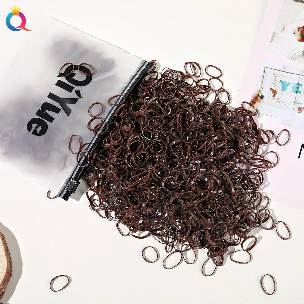 Children's disposable hair rubber bands 1000pcs strong pull cartoon design assorted colours deep coffee glittering powder grass green