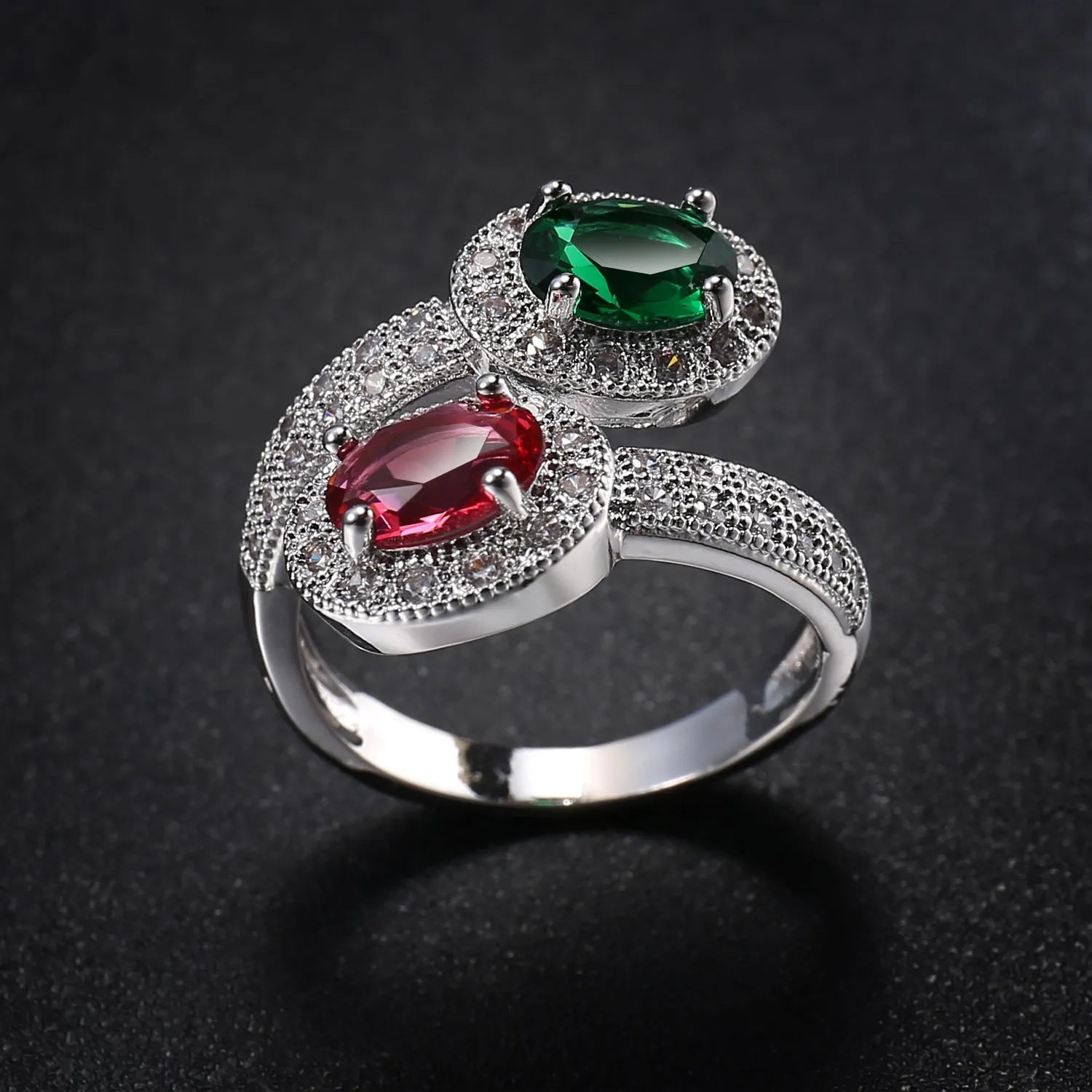 Copper ring with zircon stone, electroplated finish, rose emerald colour, women's size No8