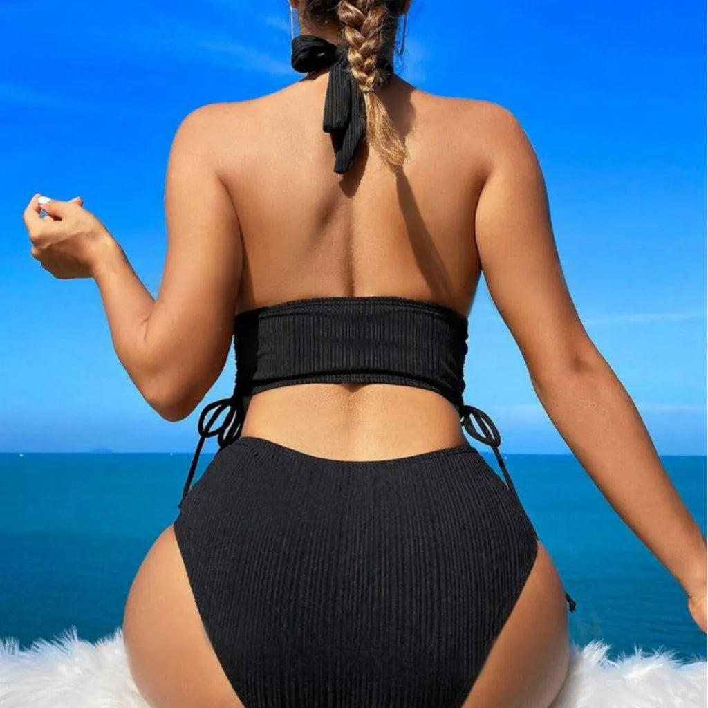 Women's black lace-up halter bikini with high-waisted briefs on mannequin