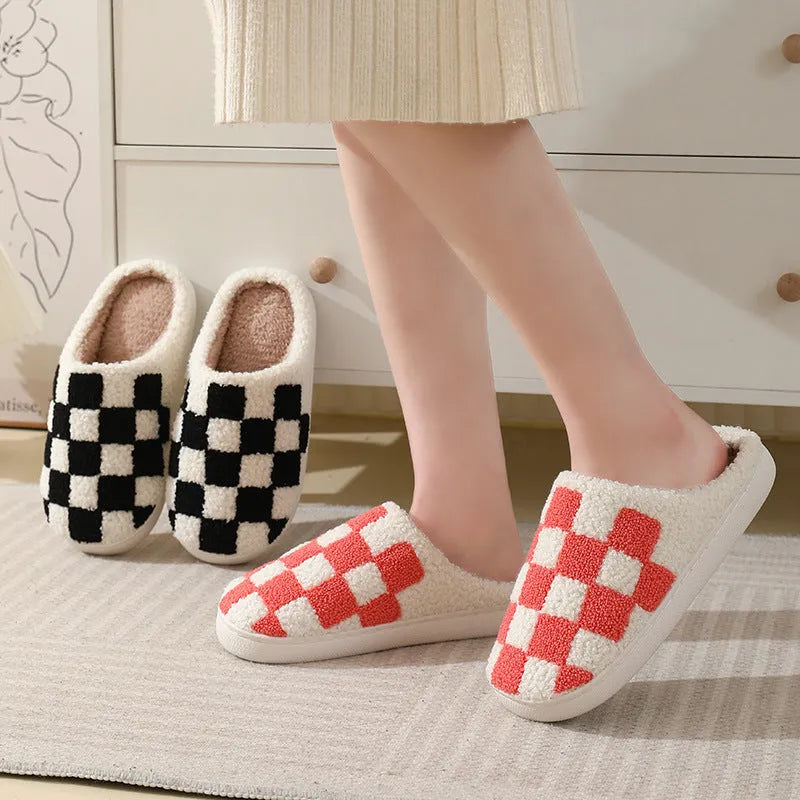 Checkerboard print winter house slippers with suede upper and TPR sole in black, watermelon red, blue and green
