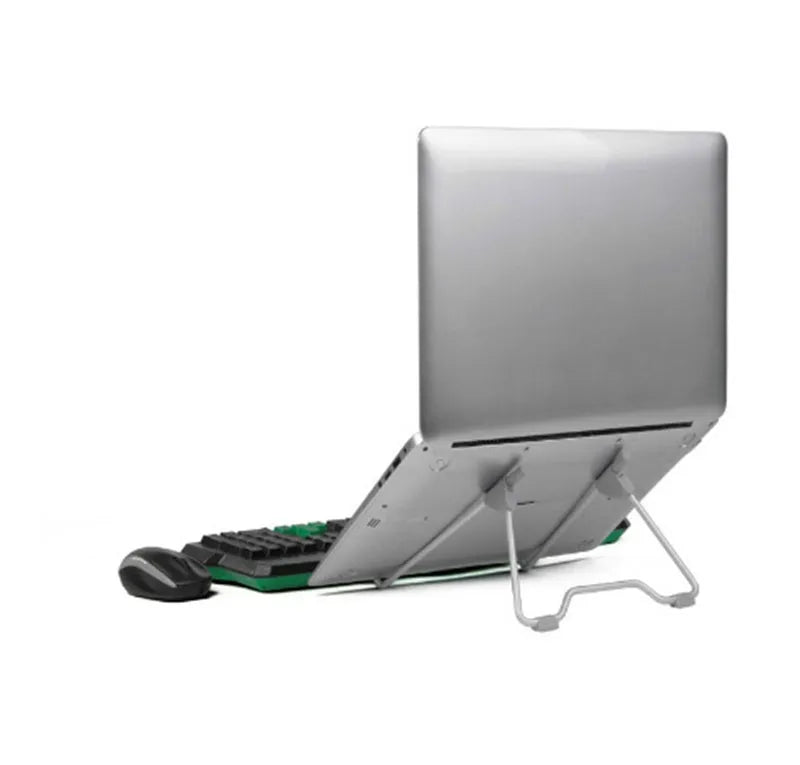 Grey aluminium mobile phone and laptop stand with adjustable tilt angle on a desk