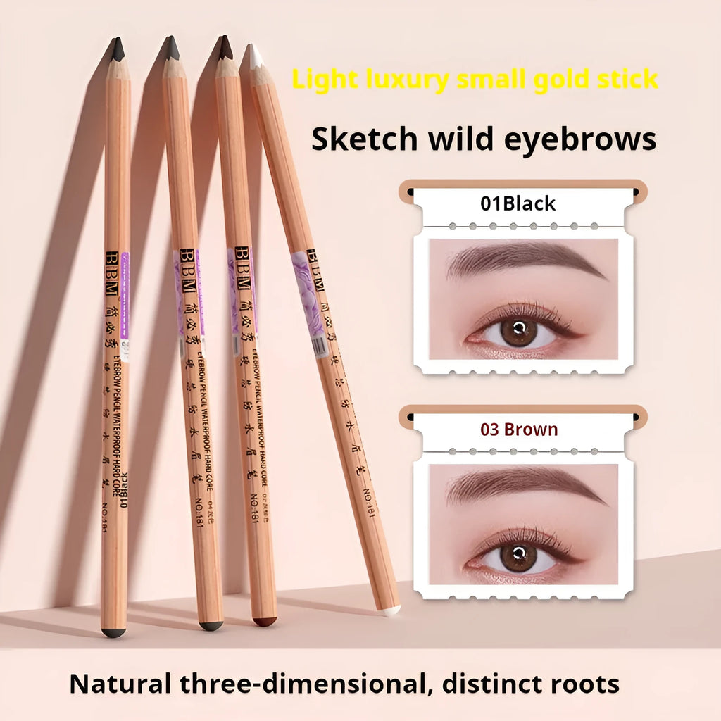 Wild Lines wooden hard core waterproof eyebrow pencil in brown shade with marker tip on a plain background