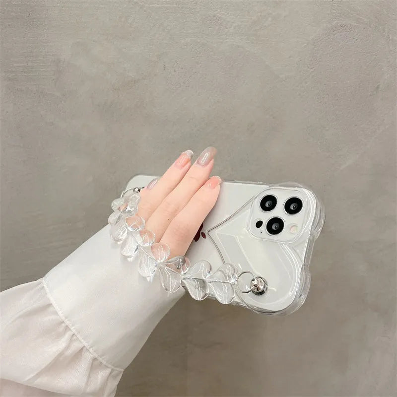 Transparent iPhone case with love heart chain bracelet design on soft TPU material