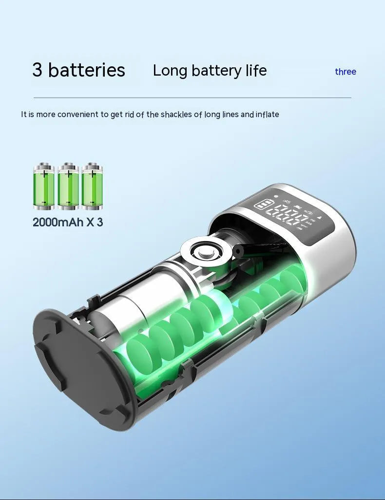 Black portable wireless air pump with LED light, 15cm tube, and accessory nozzles for car, bicycle, and ball inflation