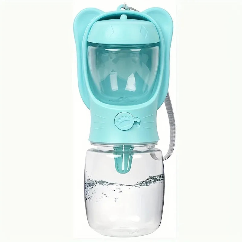 2-in-1 portable dog water bottle with food container, leak-proof, 350ml, green, on hiking trail