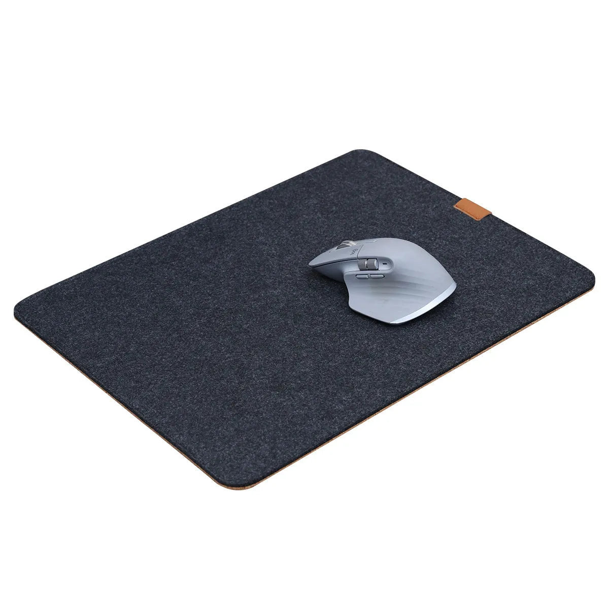 Oversized black and gray felt desk mat with cork base on a wooden desk