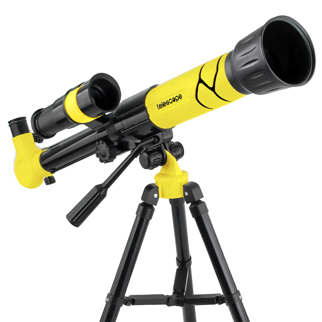 White kids astronomical telescope on tripod with smartphone attached for celestial observation