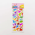 Pack of colourful 3D bubble stickers showing raised cartoon designs of an alpaca, cat, dinosaur, and sweetheart motifs.