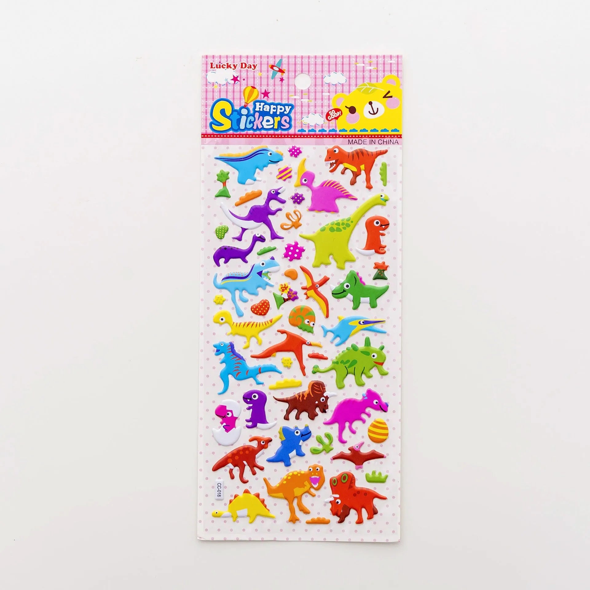 Pack of colourful 3D bubble stickers showing raised cartoon designs of an alpaca, cat, dinosaur, and sweetheart motifs.