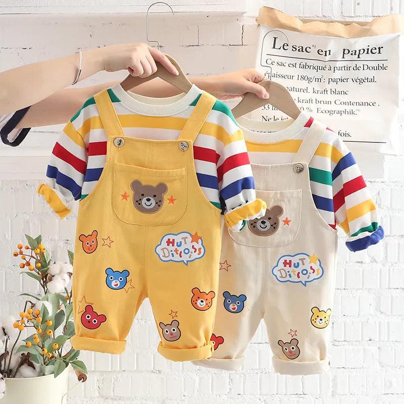 Boys' plaid cotton overalls suit with shirt and strap trousers in yellow colour