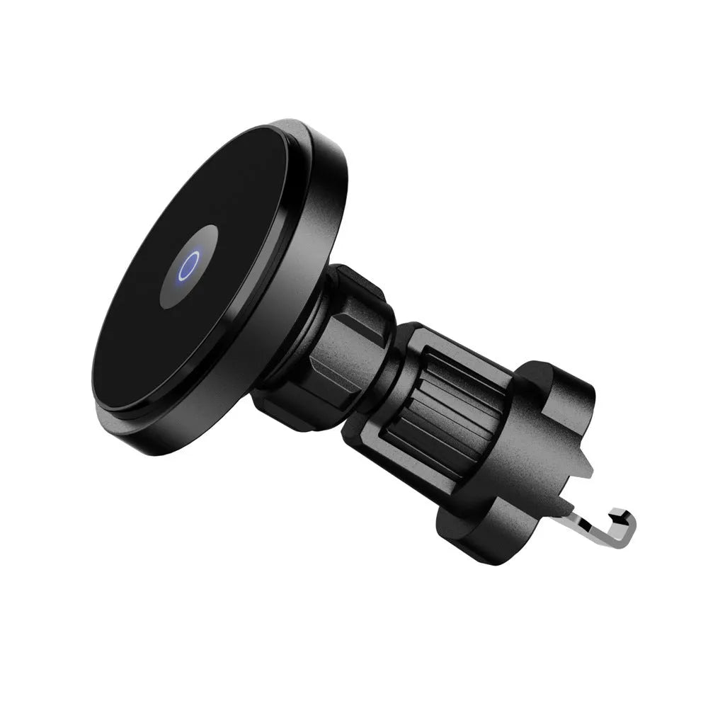 Silver aluminium alloy magnetic wireless car charger mounted on car air vent with phone attached