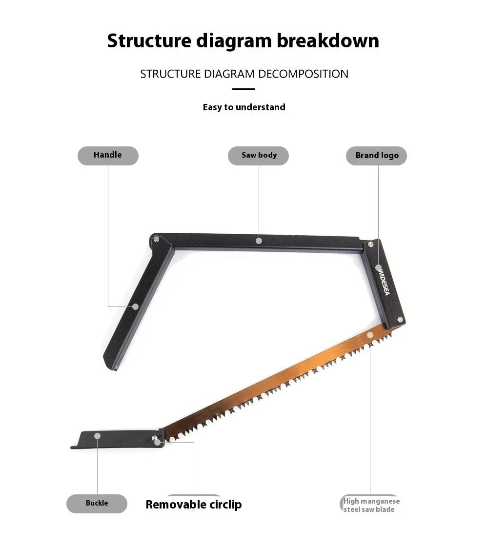 Black foldable outdoor survival saw with aluminum and PA66 nylon frame