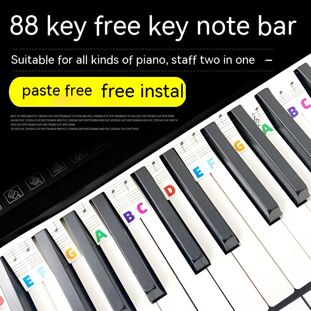 White cardboard piano keyboard stickers showing staff notation for 88 keys, with black notes and colour note bar options