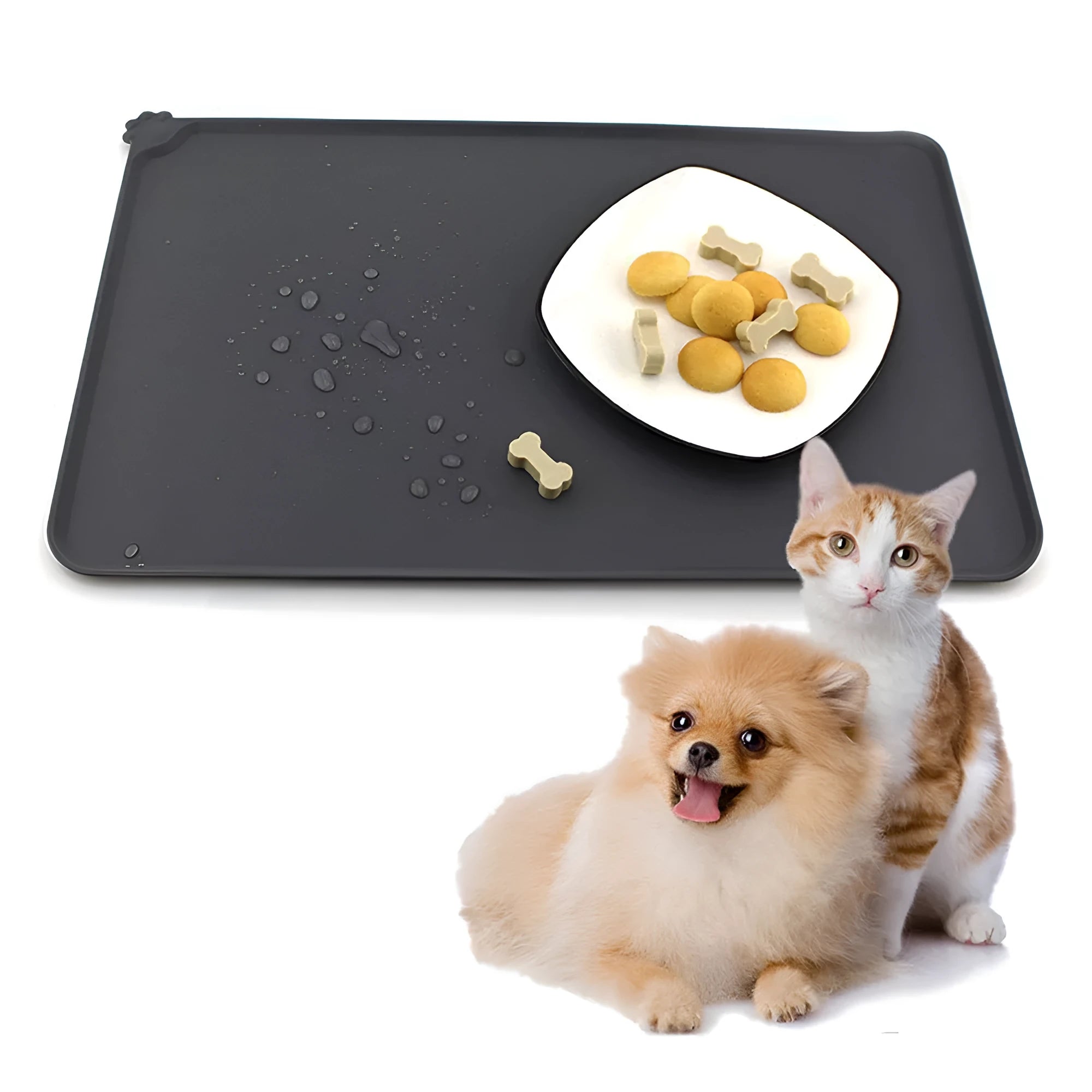 Waterproof silicone pet feeding mat in grey with non-slip base and raised edges, size 47x29.5cm