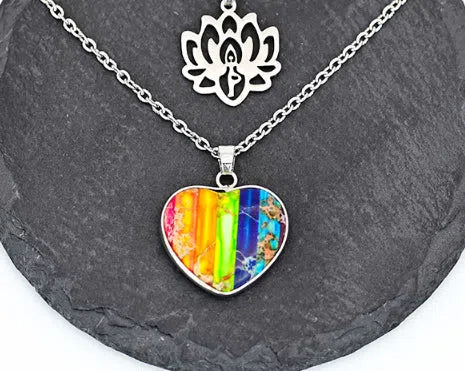 Seven-colour natural stone heart-shaped lotus pendant on silver-tone double-layer necklace