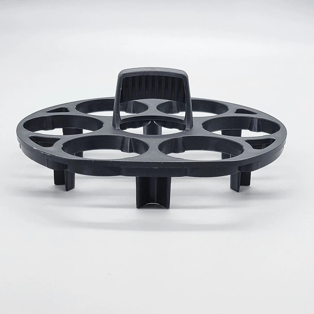 Black plastic egg holder basket with retainer function, dimensions 13.8 x 12.6 x 5.7 cm