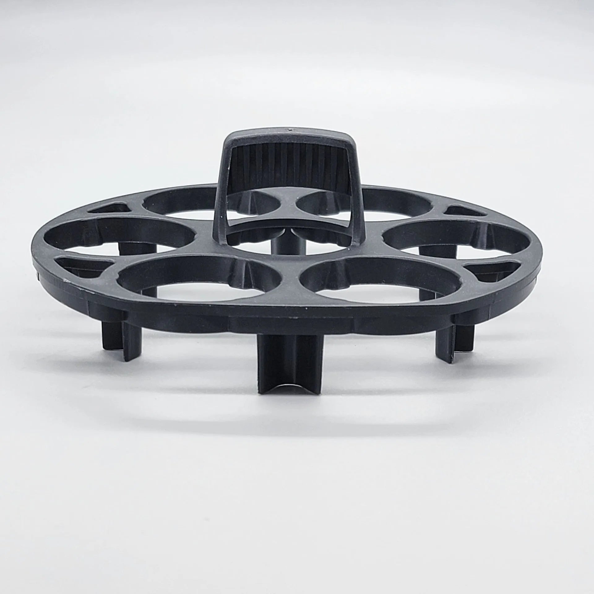 Black plastic egg holder basket with retainer function, dimensions 13.8 x 12.6 x 5.7 cm