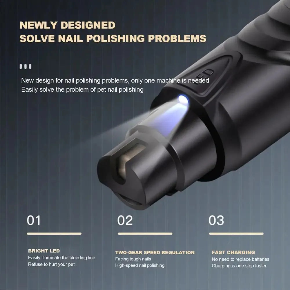 Black rechargeable dog nail grinder with LED light, shown with its 2-speed settings.