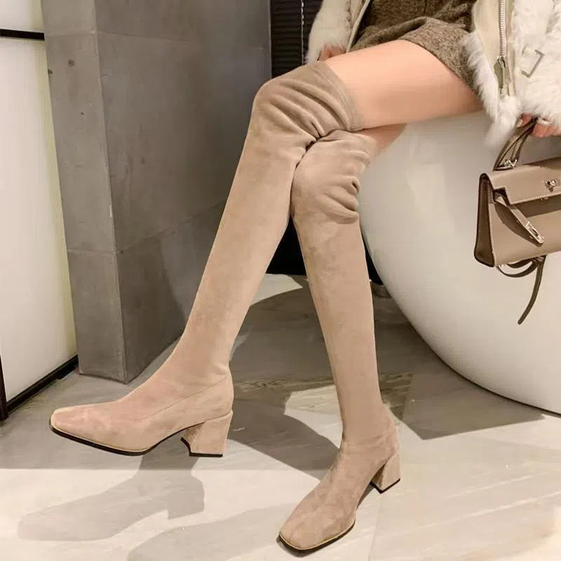 Women's solid colour over-the-knee chunky heel boots with side zipper and square toe in black