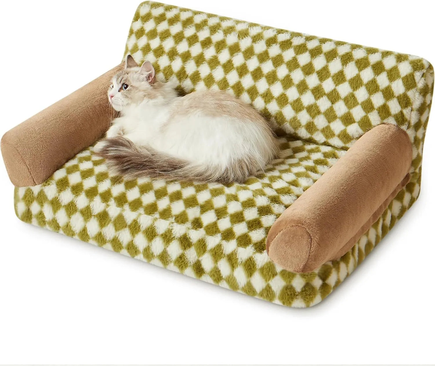 Checkered grey and white pet sofa bed for small dog or cat on wooden floor.
