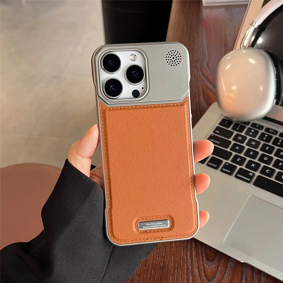 Aromatherapy leather magnetic phone case for iPhone in black, frameless hard PC, frosted anti-fingerprint finish