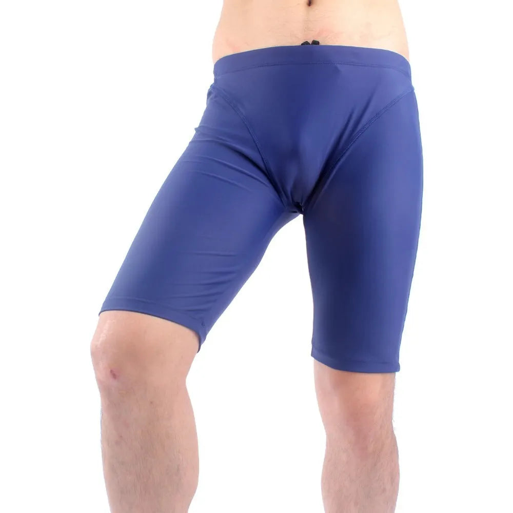 Men's green and navy blue quick-drying nylon swimming trunks with loose anti-embarrassment design