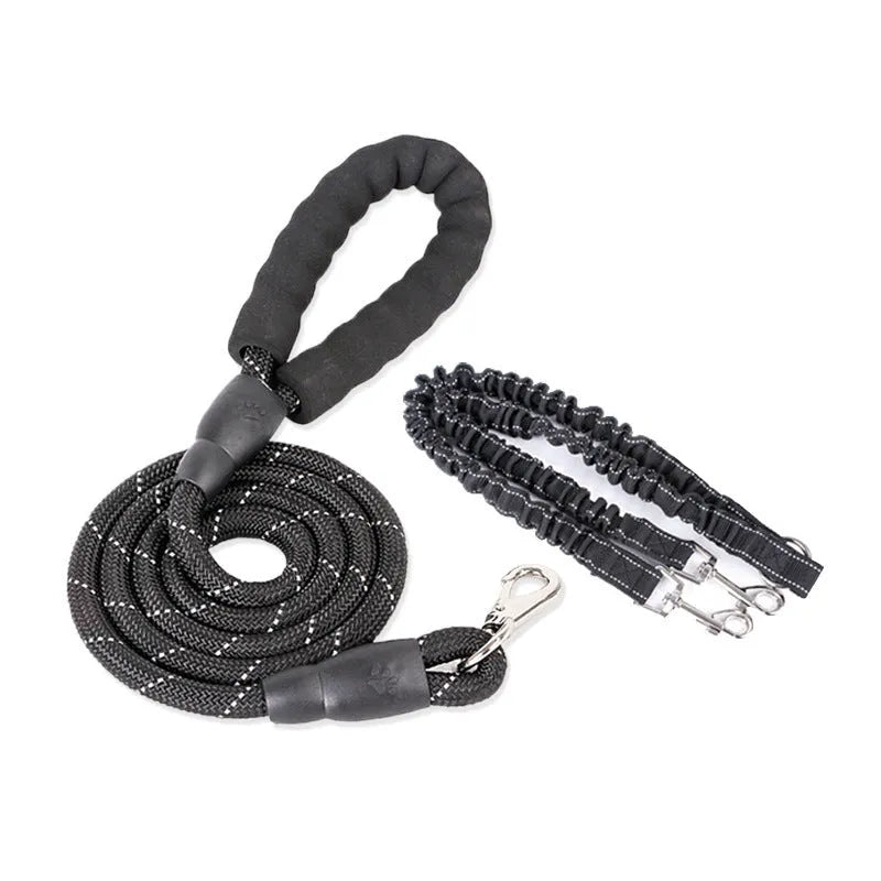 Black nylon double dog leash with two heads for walking two pets