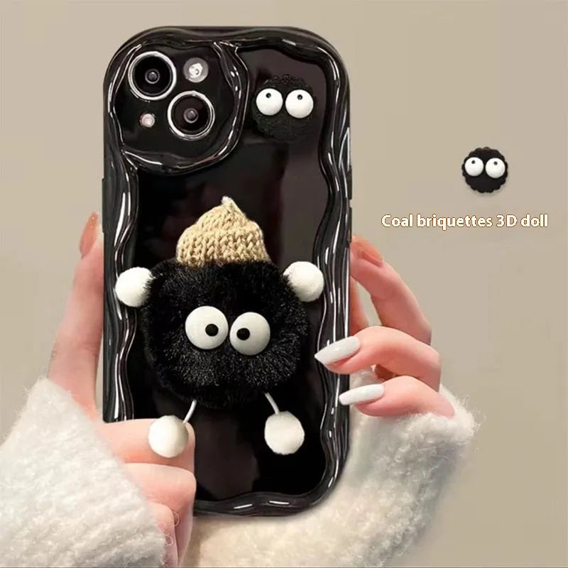Cartoon cute plush hat doll phone case for iPhone in cream shell with beige or black, TPU hard case with fall protection.