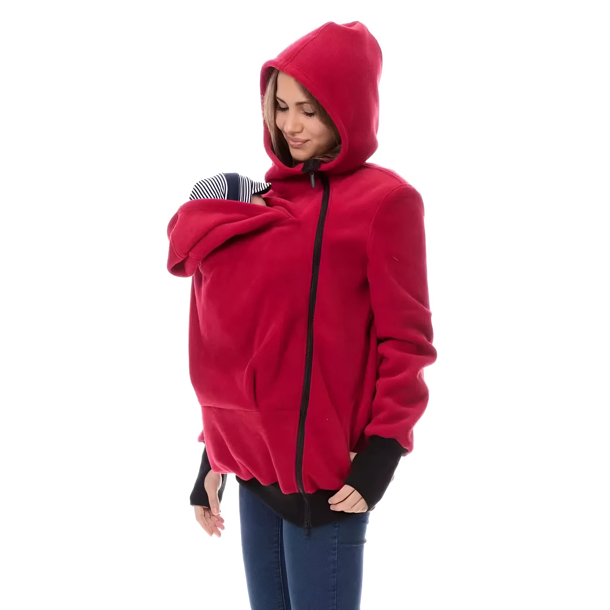 Red loose polar fleece sweater for women with long sleeves