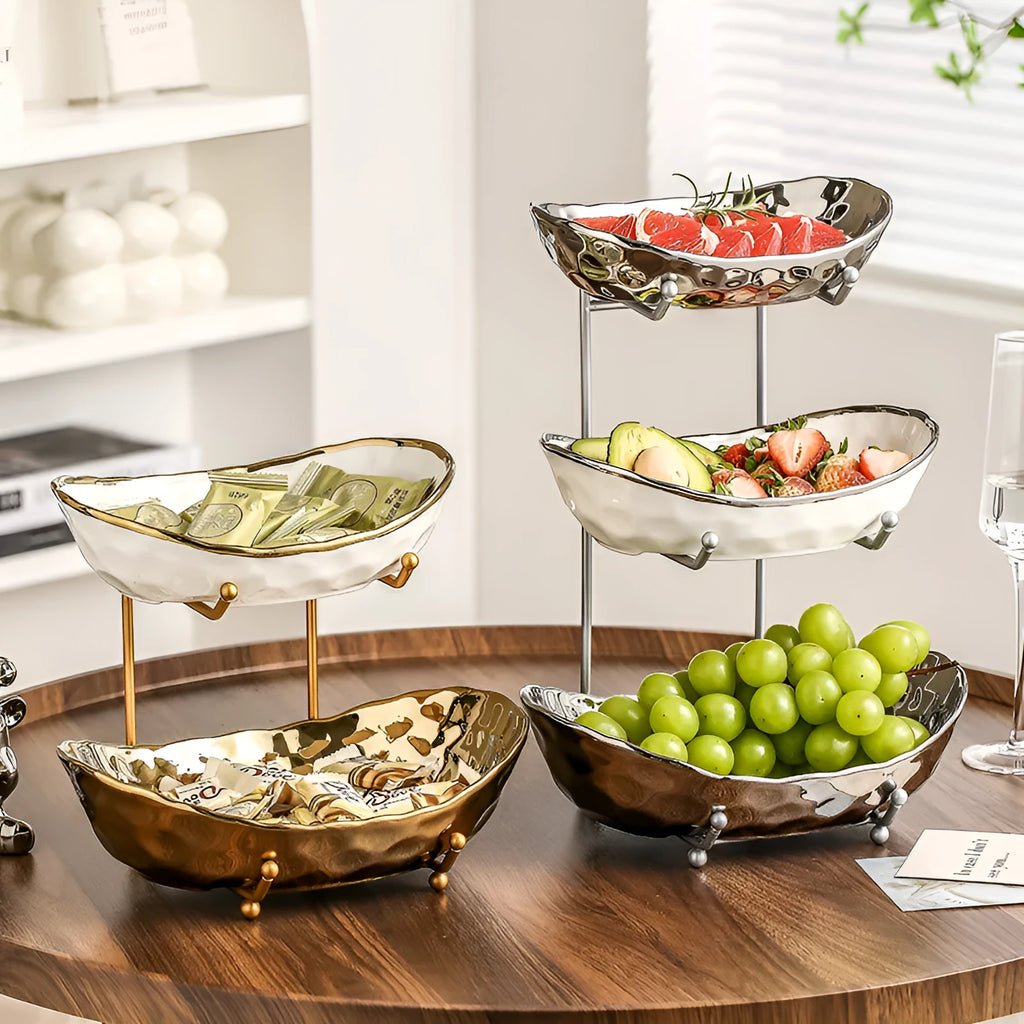 Multi-layer ceramic fruit tray with gold frame and electroplated stone texture