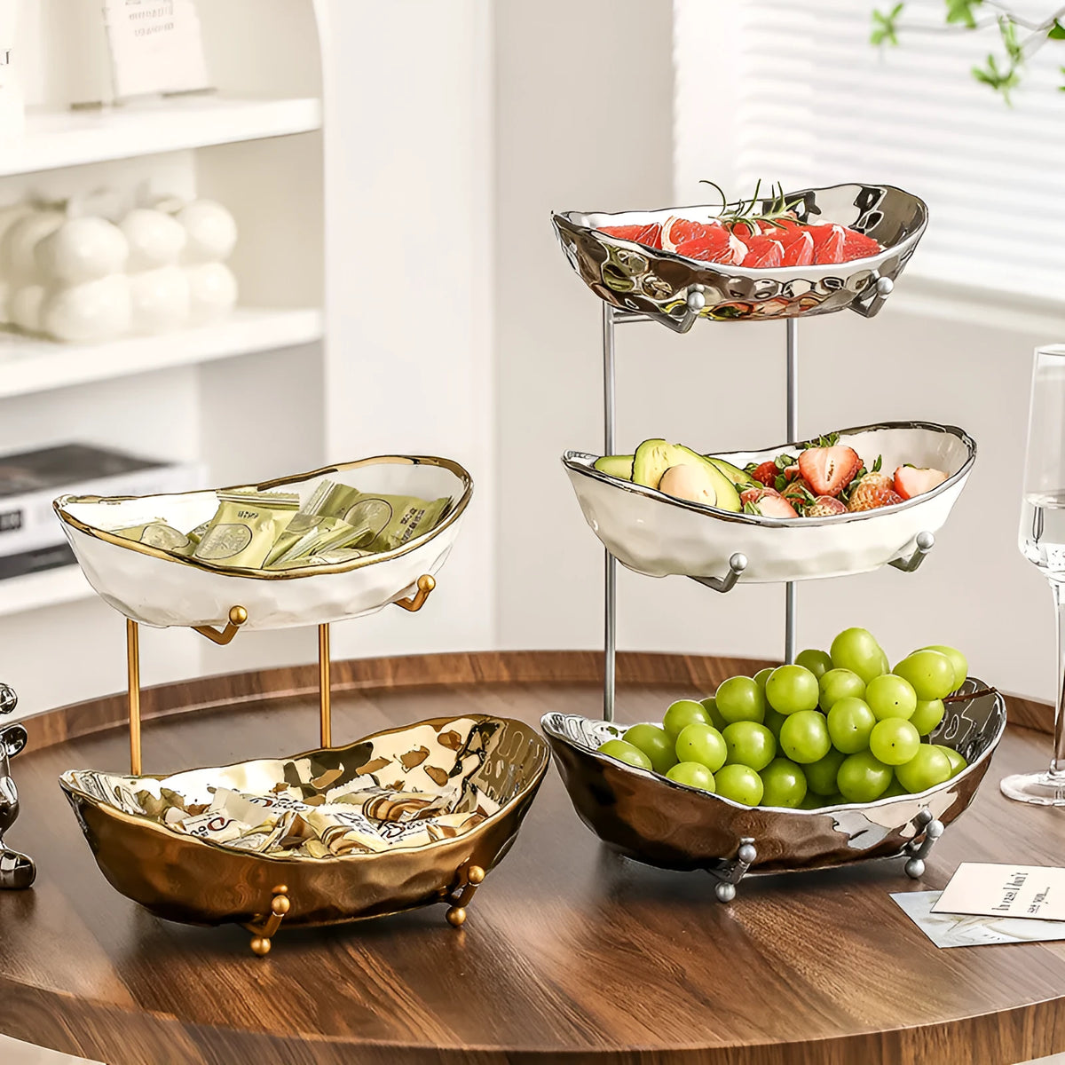 Multi-layer ceramic fruit tray with gold frame and electroplated stone texture