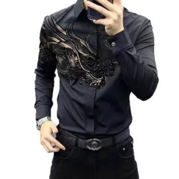 Men's black Ice Silk viscose printed shirt with advanced print design, available in sizes M to 5XL for large-size men