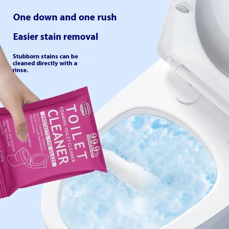 Toilet bubble effervescent cleaning powder in blue ocean and pink floral fragrance packaging options.