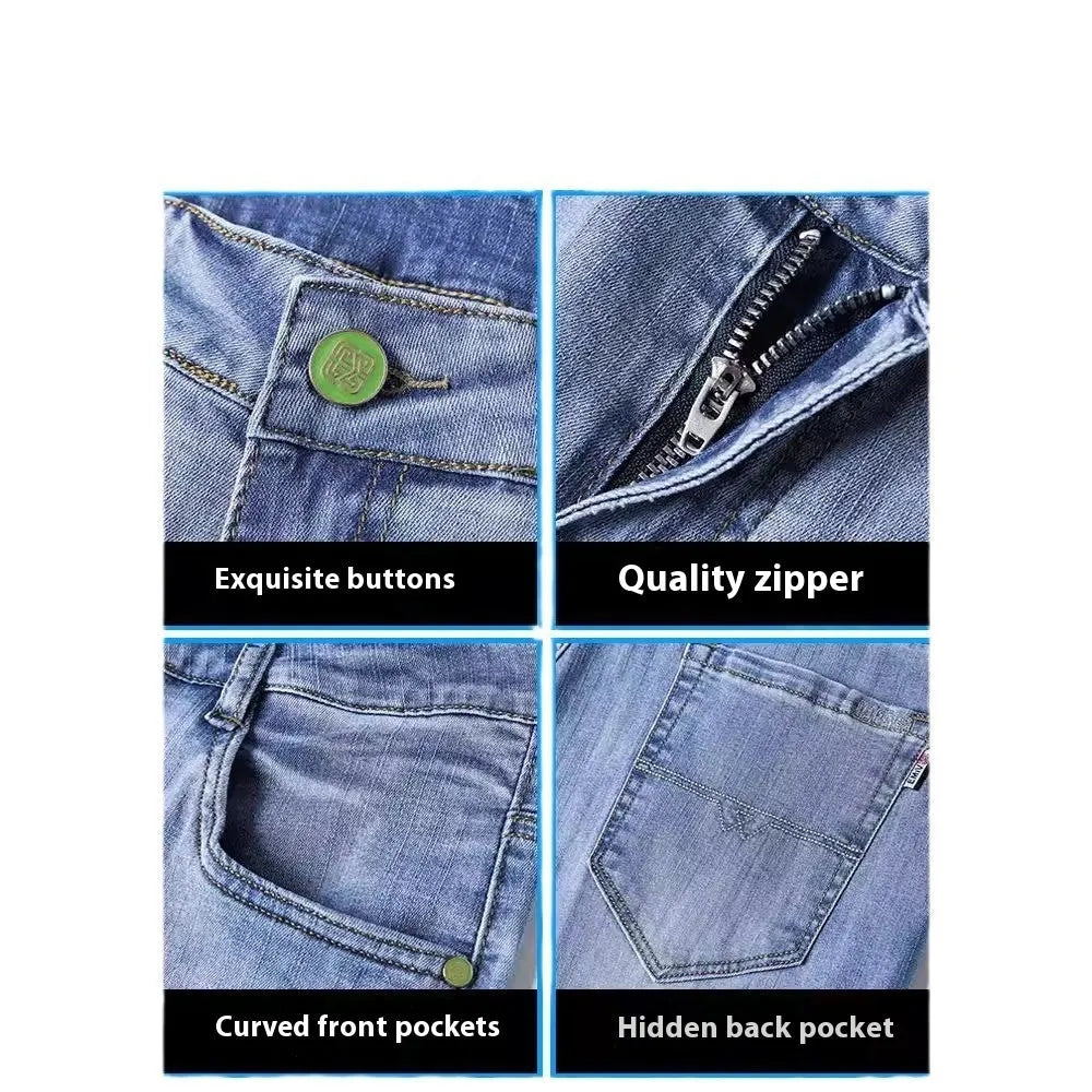 Tapered fit stretch denim trousers for business casual wear in light blue, grey, blue-grey, or black.