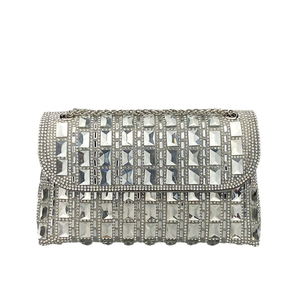 Glass rhinestone chain clutch bag in horizontal square shape with decorative diamonds and chain strap