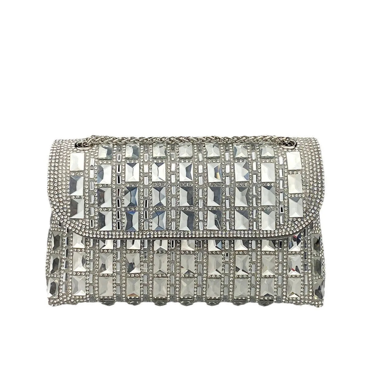 Glass rhinestone chain clutch bag in horizontal square shape with decorative diamonds and chain strap