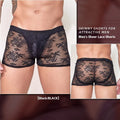 A pair of black men's lace boxers made from nylon fabric, laid flat.