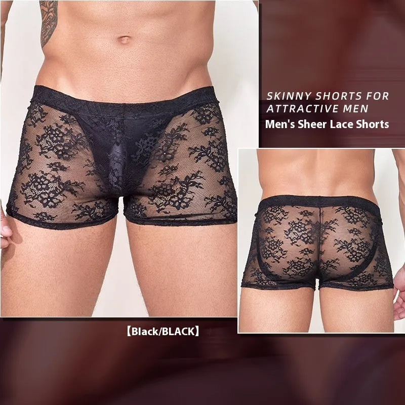 A pair of black men's lace boxers made from nylon fabric, laid flat.