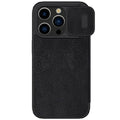 Imitation leather flip phone case for iPhone 15 in black, brown, and red colour options.