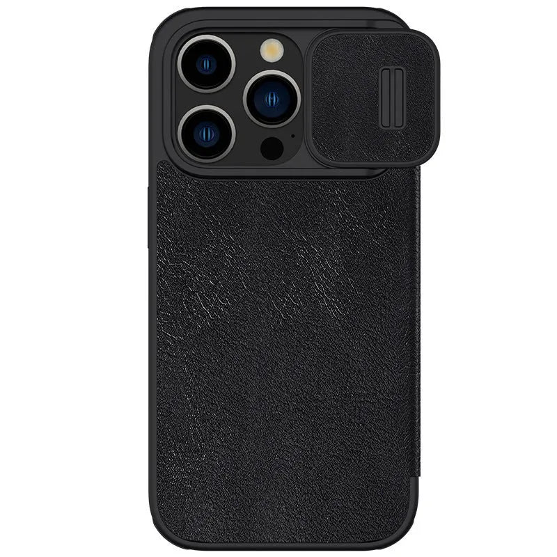 Imitation leather flip phone case for iPhone 15 in black, brown, and red colour options.