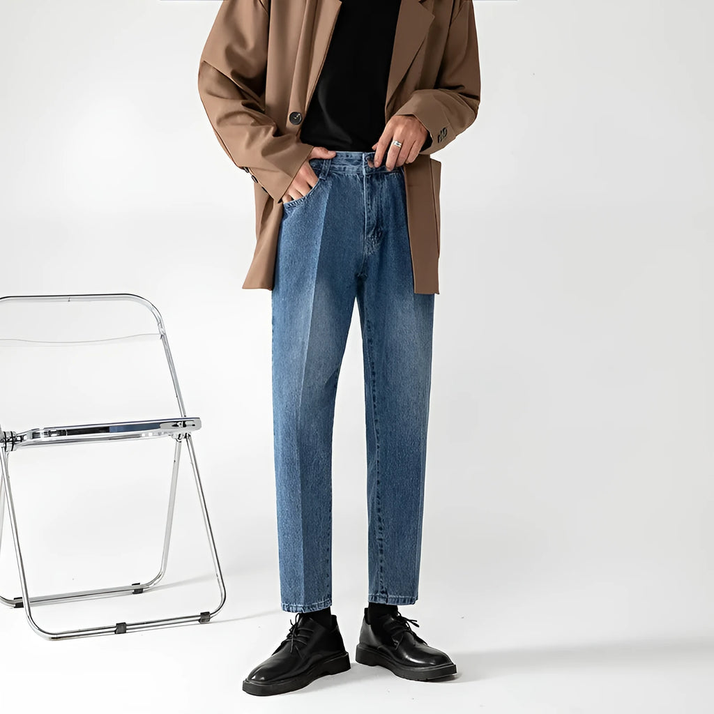Men's light blue cropped pants, loose straight leg, zip fly, non-ironing polyester denim look, sizes S-3XL