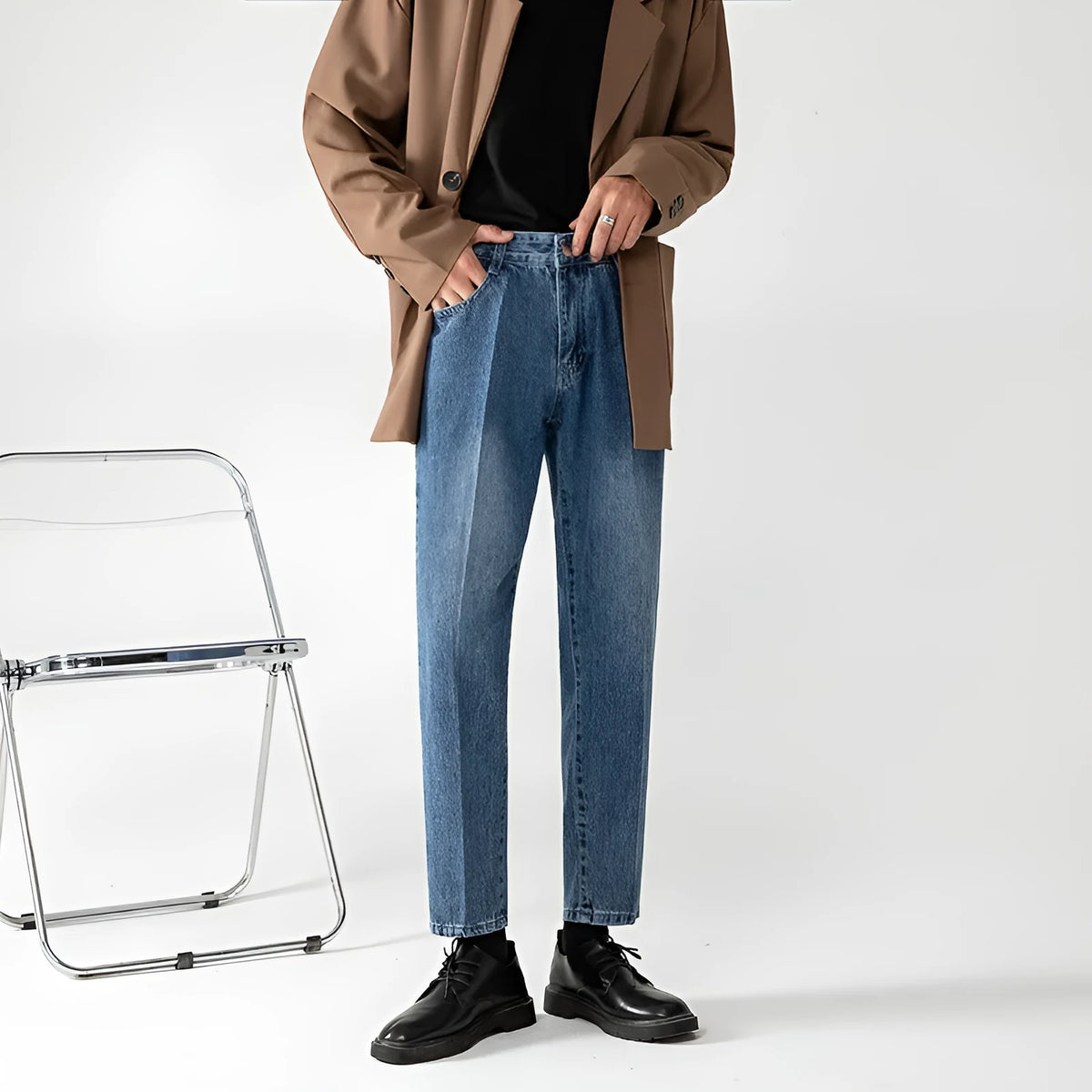 Men's light blue cropped pants, loose straight leg, zip fly, non-ironing polyester denim look, sizes S-3XL