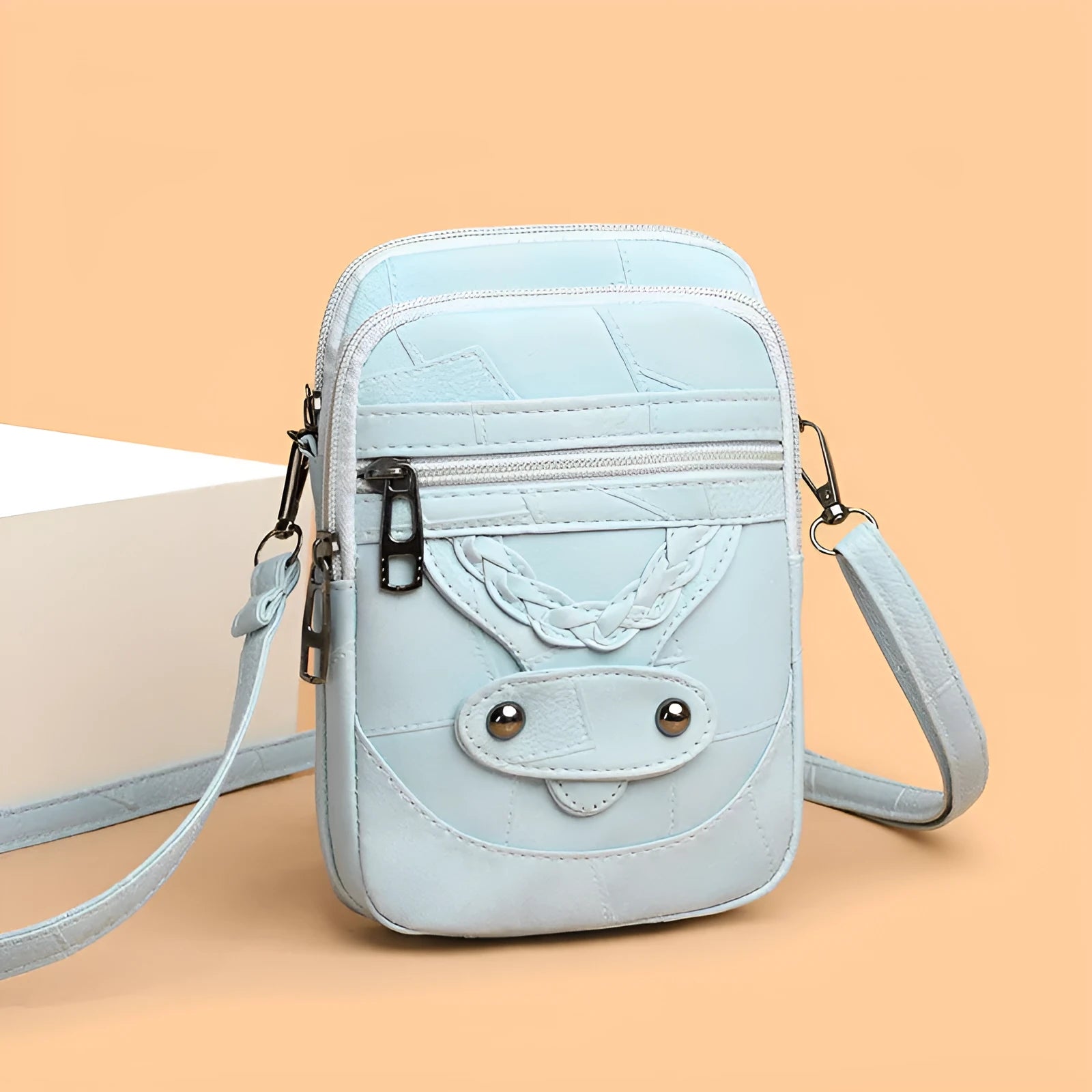 Soft PU leather retro mobile phone bag in square vertical design with woven accents and rivets