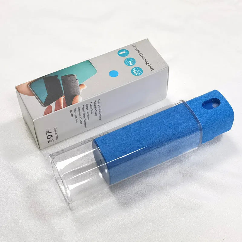 Mobile phone screen cleaner with integrated spray bottle and microfiber in compact black case