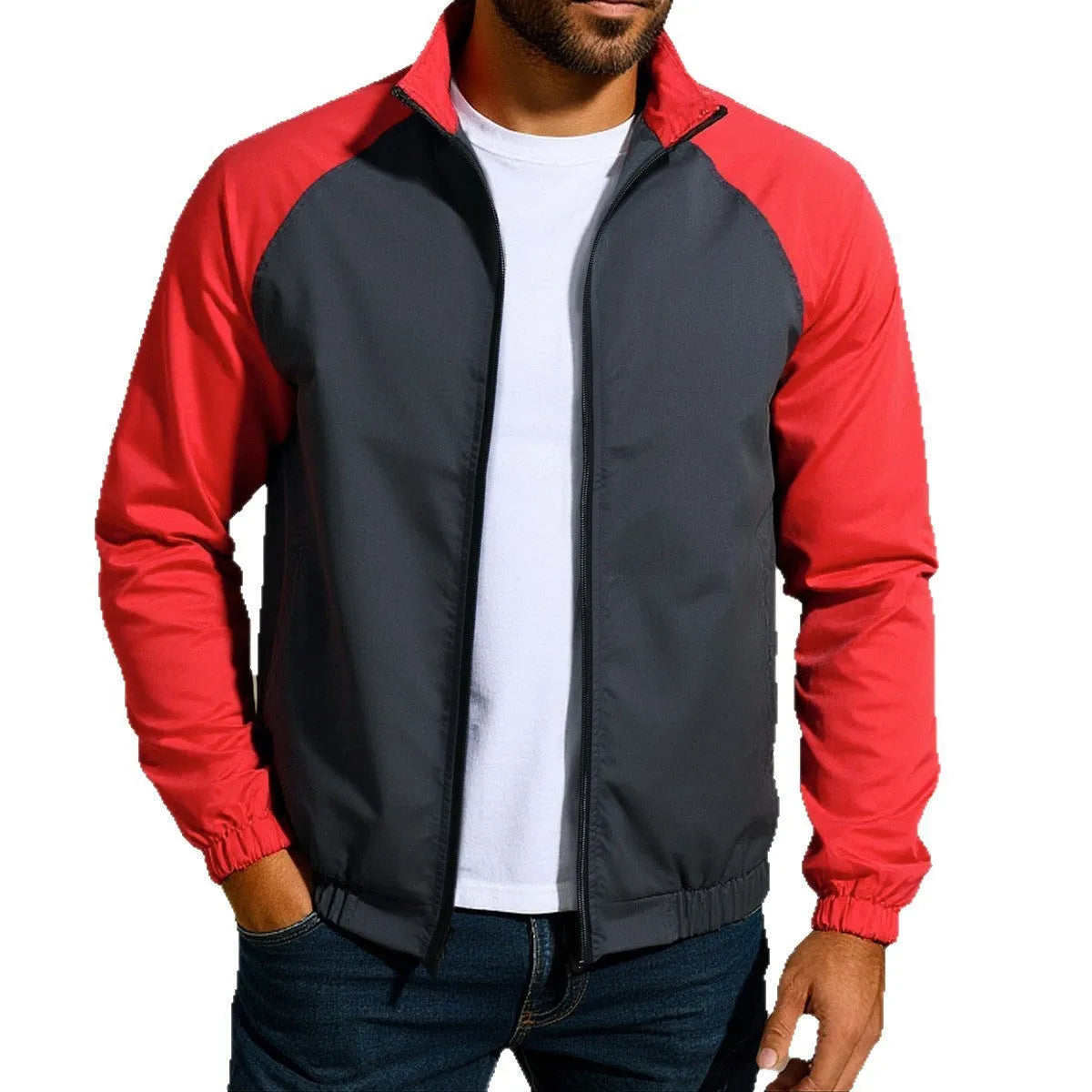 Men's casual coat jacket with stand collar and raglan sleeves in polyester blend fabric